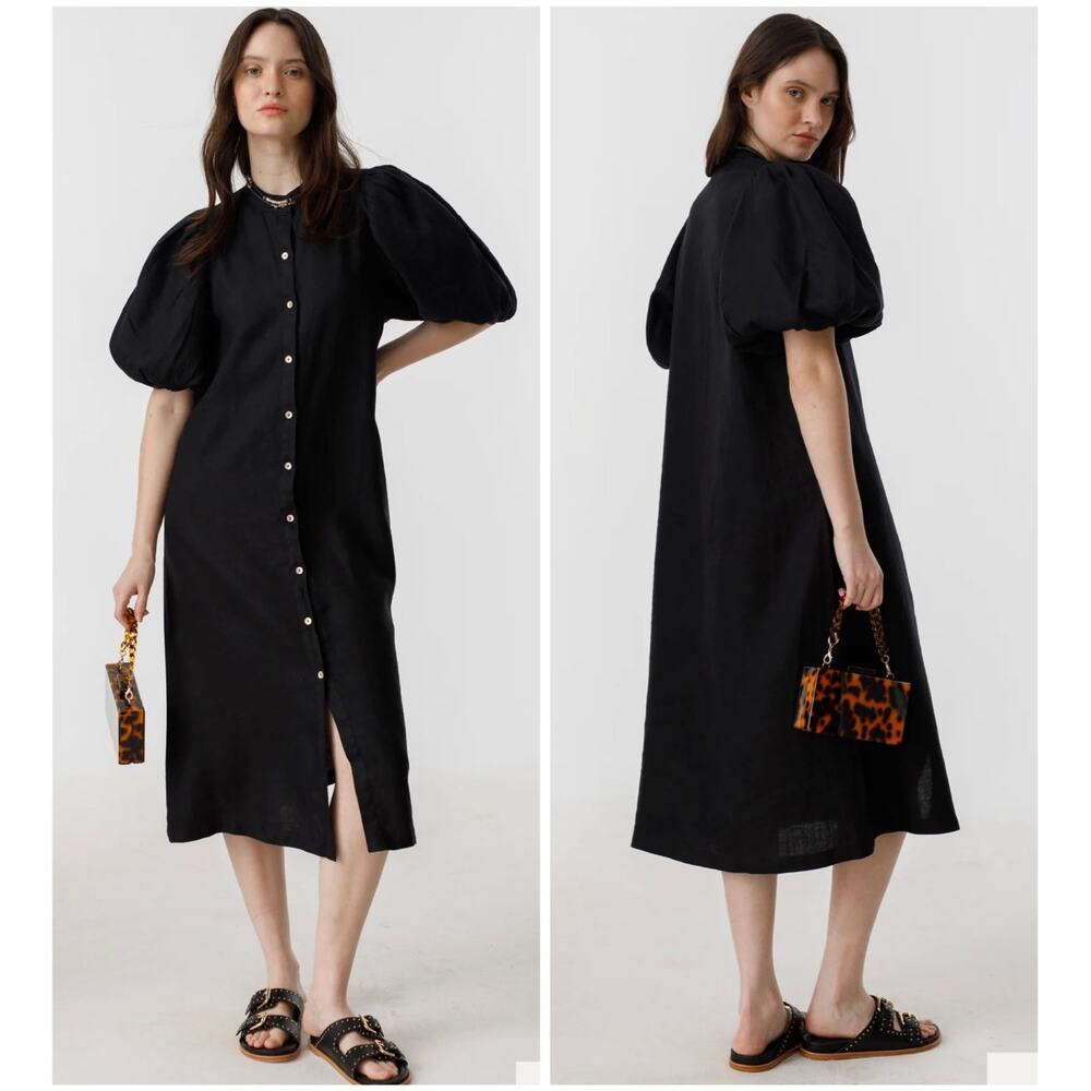 Lanhtropy Bubble Organic Linen A-Line Midi Dress Button Front Puff Sleeve XS